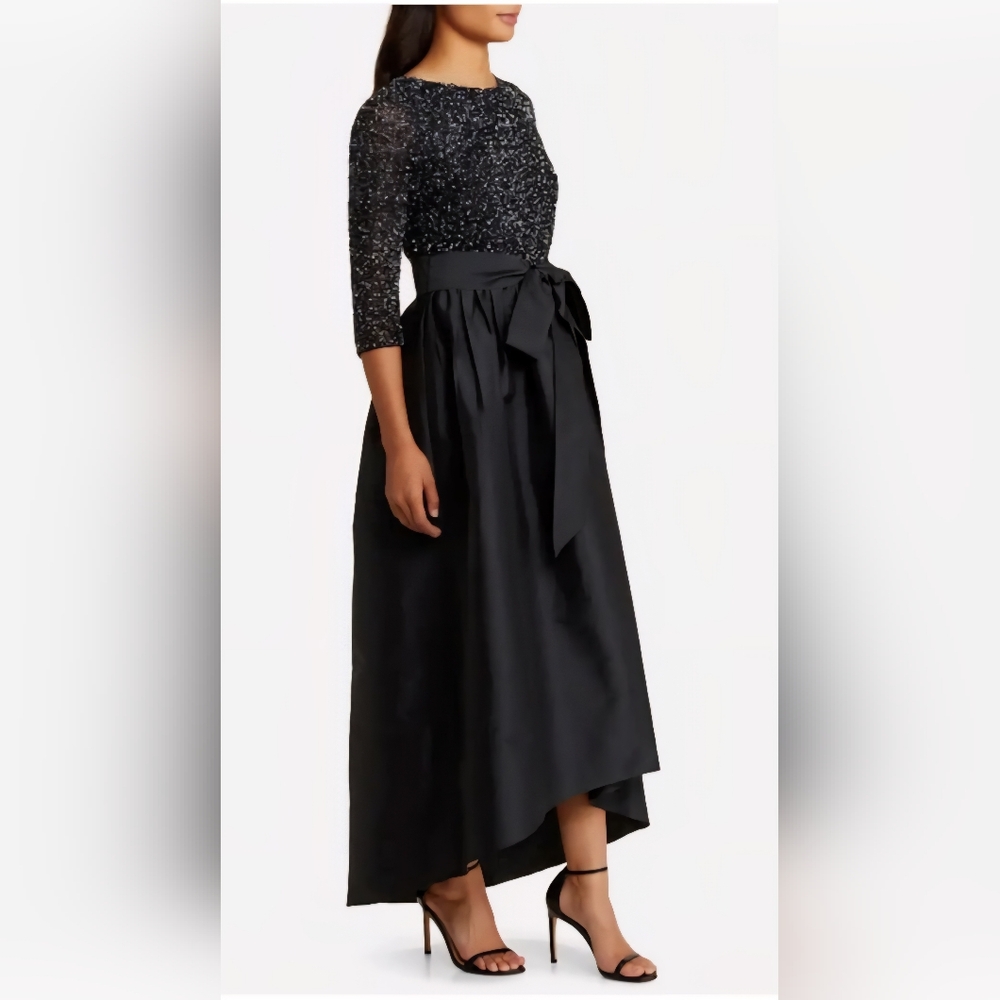 Pissaro Nights Elegant Black Beaded Bodice Taffeta A-Line Evening Gown